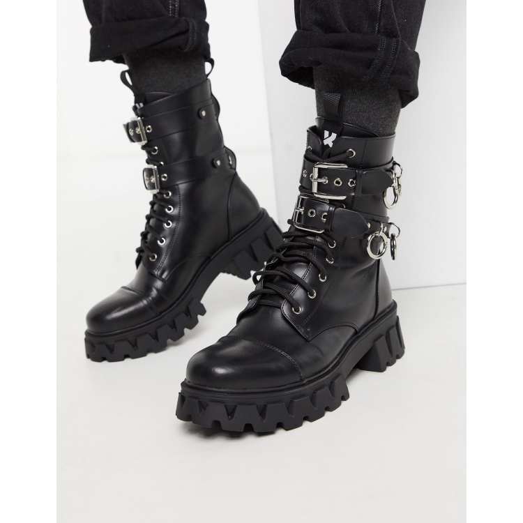 Koi Footwear Vegan chunky lace up boots with metal rings in black | ASOS