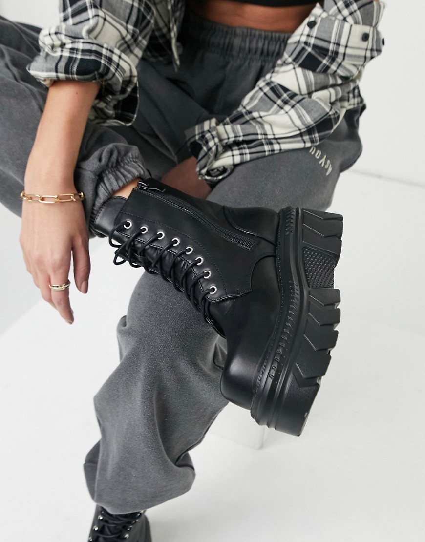 Koi Footwear vegan-friendly flatform lace up boots in black