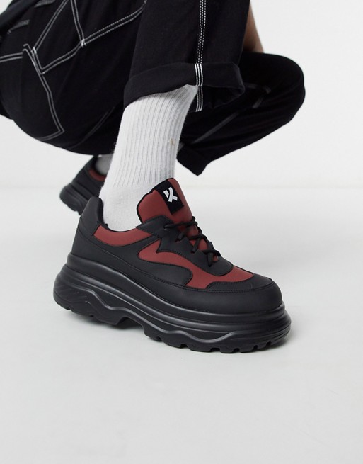 Koi Footwear Vegan gyoubu chunky sole trainers in black and red | ASOS