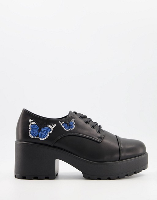 Koi Footwear vegan heeled shoes with blue butterfly in black