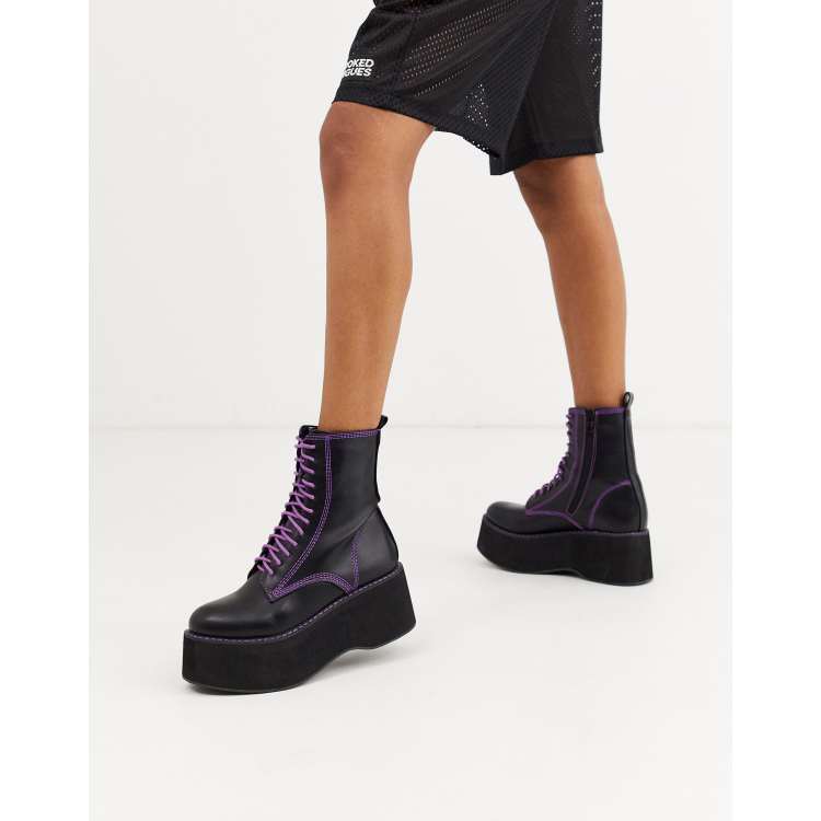 Koi Footwear vegan purple lace up platform ankle boots in black