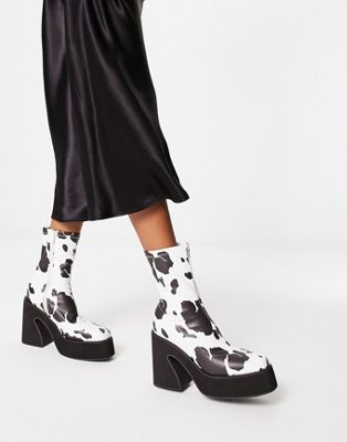 KOI Holy chunky cow print heeled boots in multi