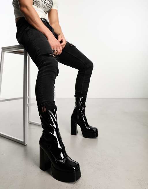 Black patent store platform boots