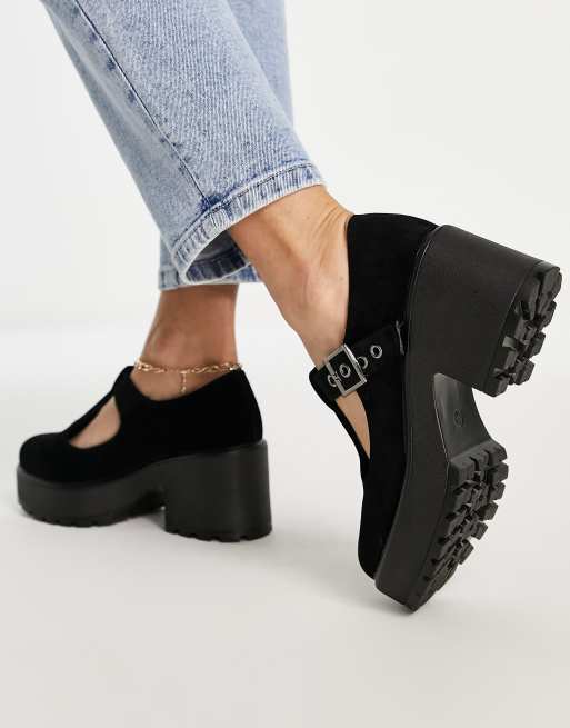 KOI Sai Mary Jane heeled shoes in black faux suede ASOS