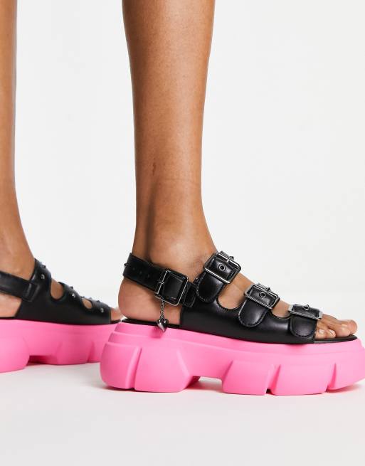 KOI Sticky Secrets chunky sandals with pink sole in black ASOS