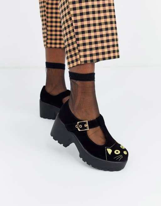 Koi Vegan cat face mary jane heeled shoes in black ASOS