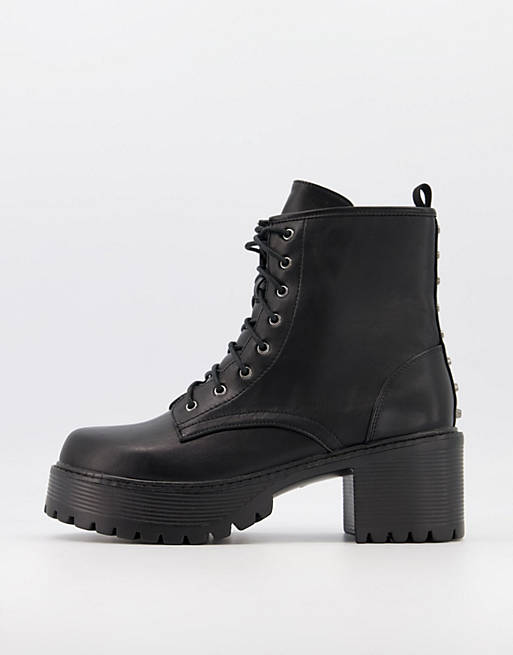 KOI chunky studded heeled lace up boots in black - BLACK