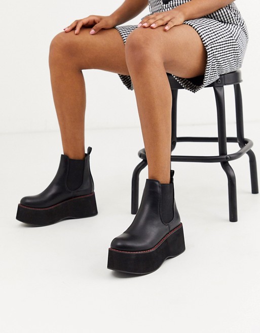 Koi Footwear vegan extreme platform ankle boots in black with red stitching