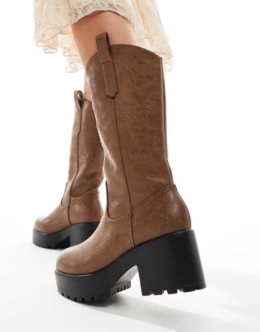 KOI Wintu long chunky western boots in brown, 3 of 4