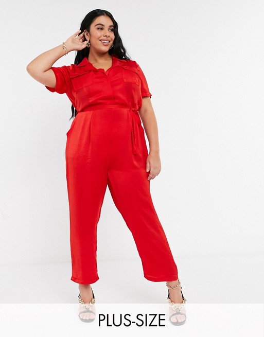Koko satin jumpsuit with revere collar in red
