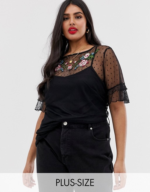 Koko spot mesh top with floral embroidery