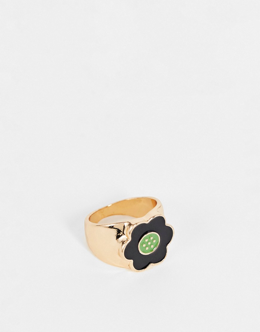 фото Кольцо с эмалевой ромашкой черного цвета vintage supply-золотистый