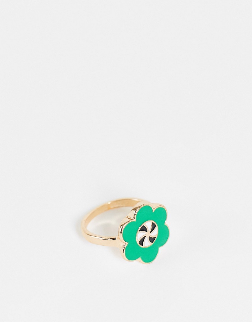 фото Кольцо в форме цветка с зеленой эмалью vintage supply-зеленый цвет