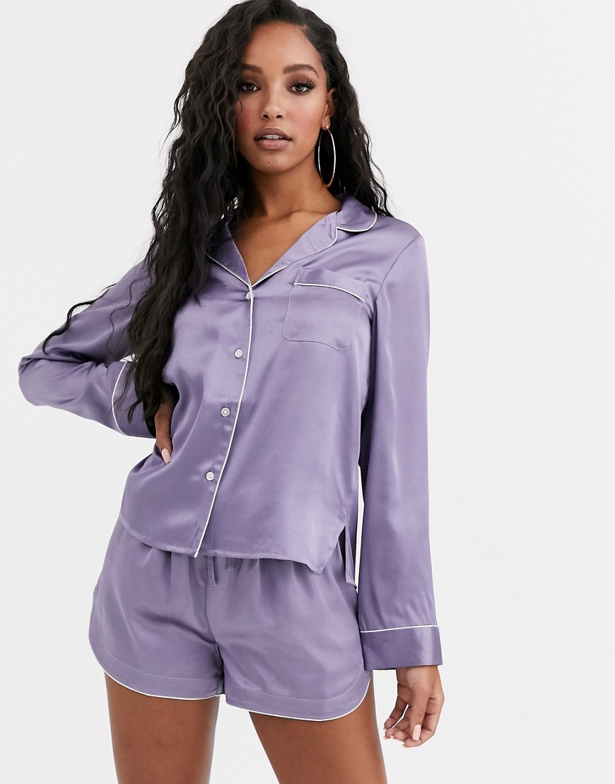 фото Комбинируемая атласная пижамная рубашка с серебристой окантовкой asos design-фиолетовый