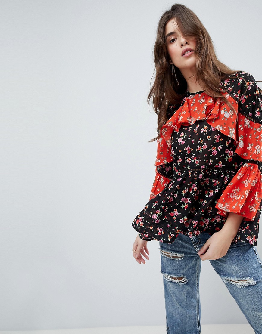 фото Комбинируемая блузка с длинными рукавами, оборками и цветочным принтом asos-мульти asos design
