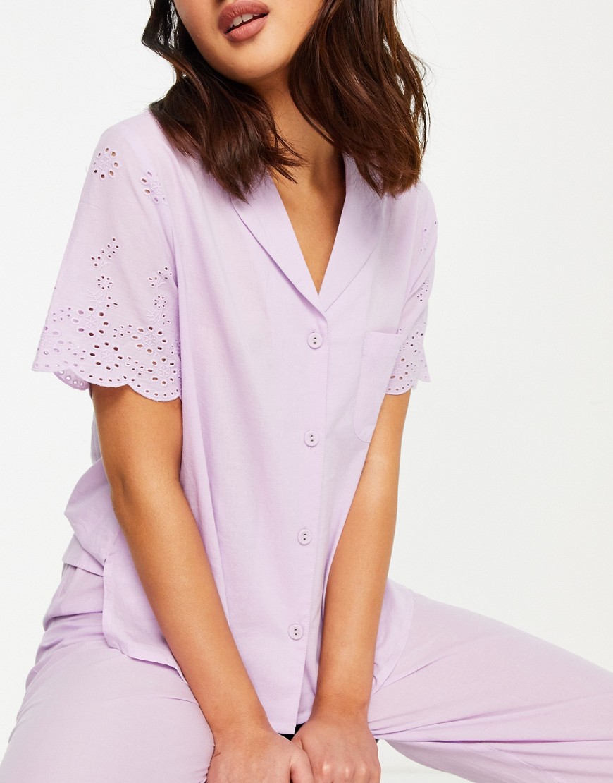 Комбинируемая сиреневая пижамная рубашка с вышивкой ришелье -Фиолетовый цвет ASOS DESIGN 11464095
