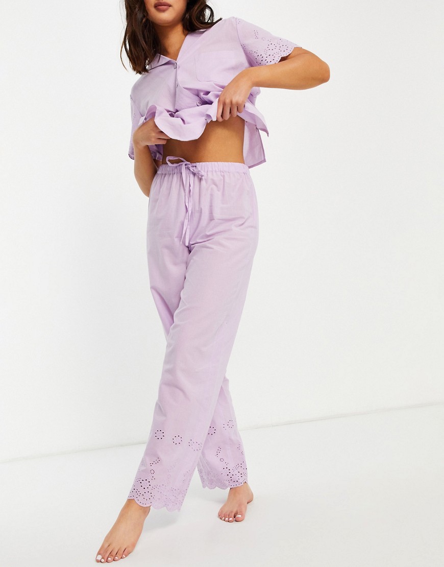 Комбинируемые сиреневые пижамные брюки с вышивкой ришелье -Фиолетовый цвет ASOS DESIGN 11464307
