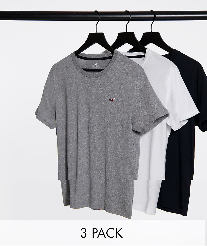фото Комплект из 3 футболок с маленьким логотипом (цвета белый/черный/серый меланжевый) hollister-мульти