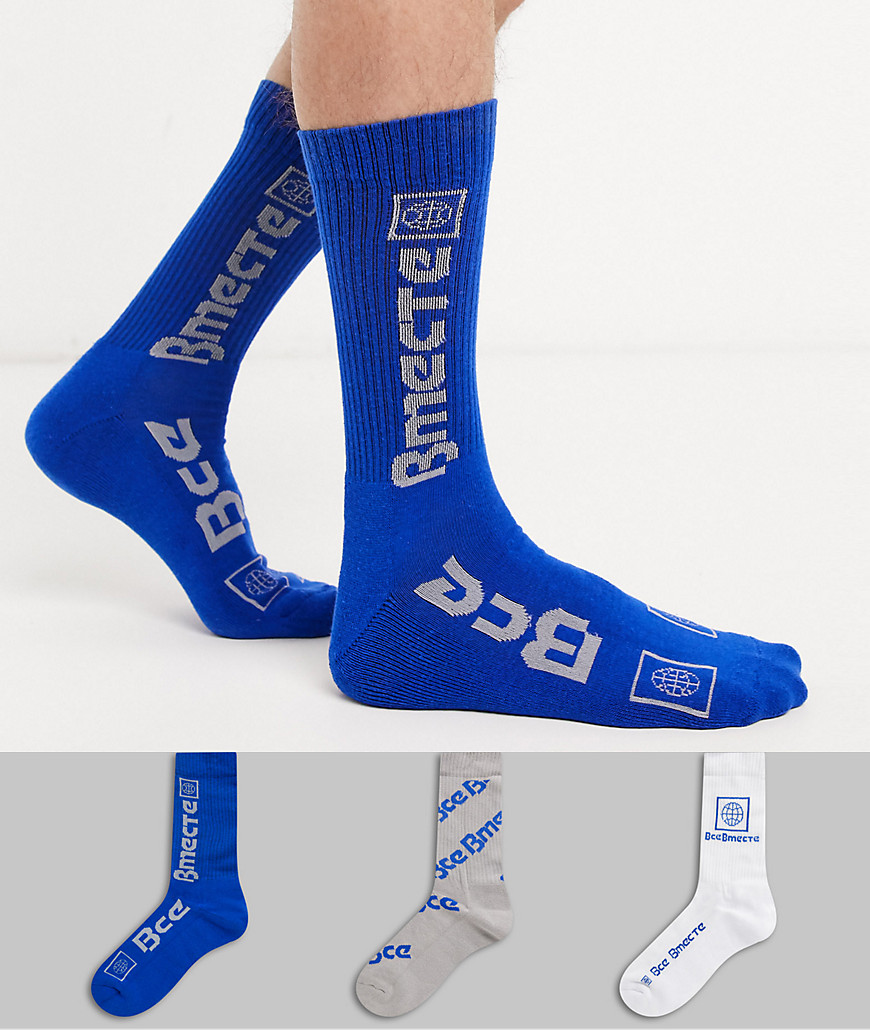 фото Комплект из 3 пар синих спортивных носков с принтом asos design-синий