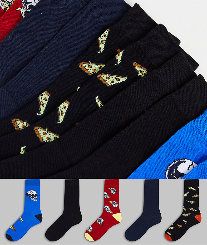фото Комплект из 5 пар носков с принтом черепа и пиццы jack & jones-разноцветный