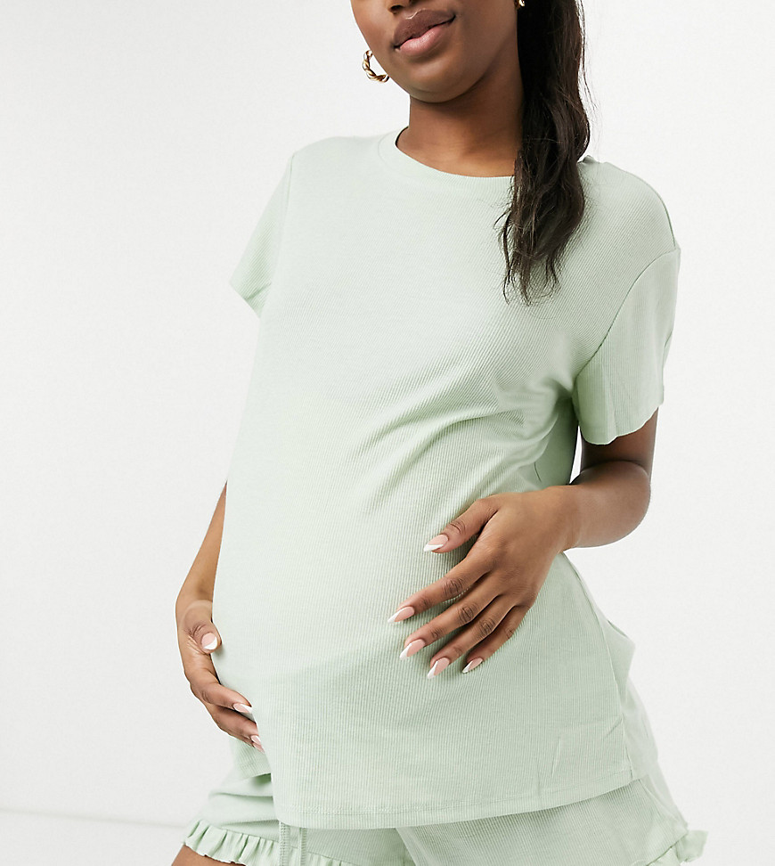 фото Комплект из футболки и шорт из экотрикотажа с оборками по краю шалфейно-зеленого цвета chelsea peers maternity-зеленый цвет