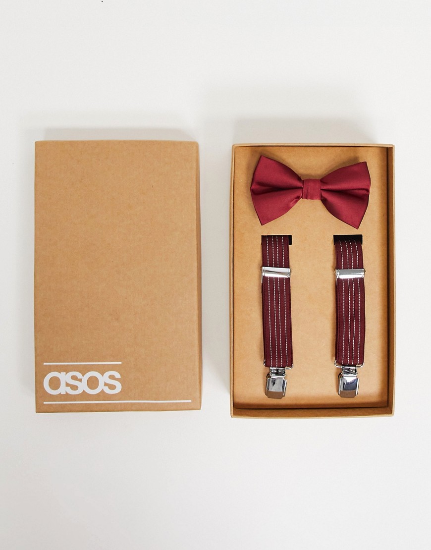 фото Комплект из подтяжек и галстука-бабочки бордового цвета в полоску asos design wedding-красный