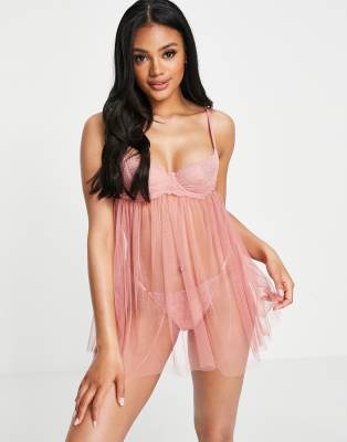 Комплекты женского белья  Asos Комплект розового цвета из кружевной и сетчатой сорочки на косточках и стрингов Hunkemoller Emily-Розовый цвет