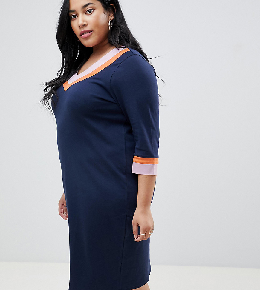 Kontrastfarvet kjole med v-udskæring fra Junarose-Marineblå