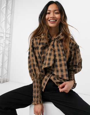 Рубашки и блузки  Asos Коричневая блузка в клетку с пышными рукавами и бантом Ghospell-Коричневый цвет