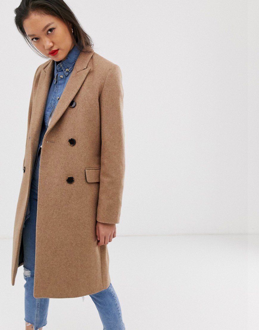 фото Коричневое двубортное шерстяное пальто selected femme-коричневый