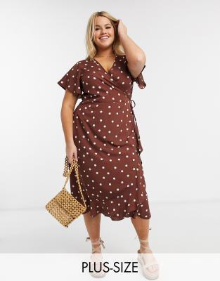 Коричневое платье миди в горошек с запахом New Look Curve-Синий