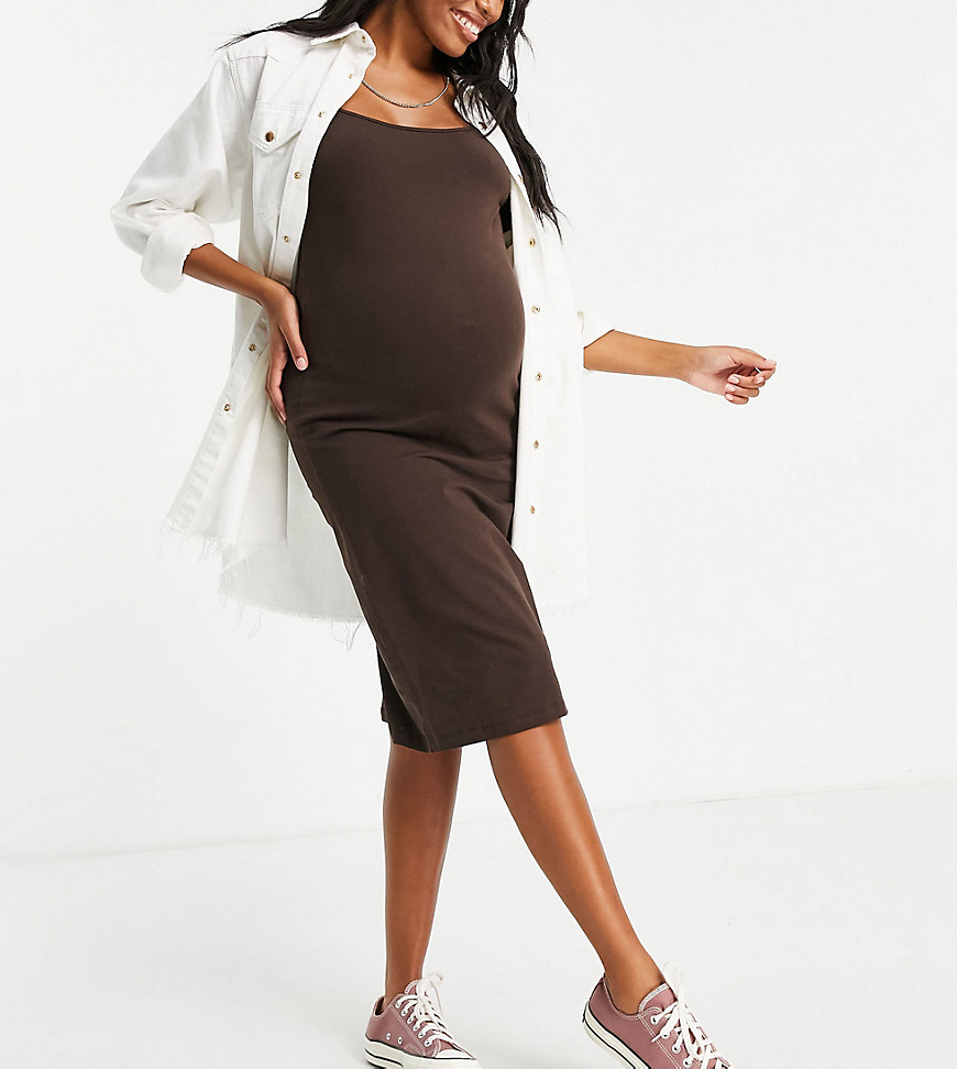фото Коричневое трикотажное платье с квадратным вырезом из органического хлопка mamalicious maternity-коричневый цвет mama.licious