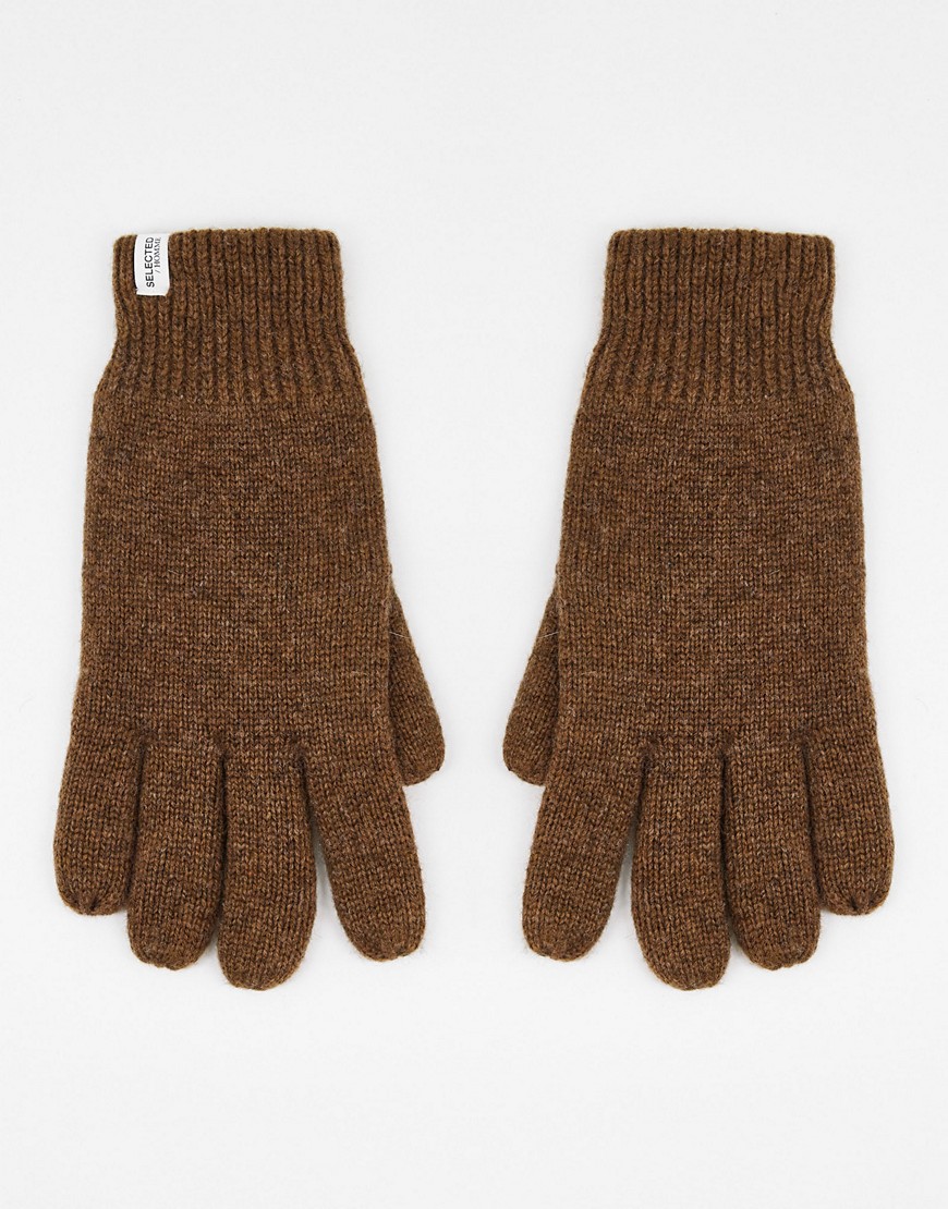 фото Коричневые перчатки из смесовой шерсти selected homme-коричневый цвет