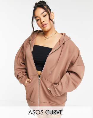 фото Коричневый худи в стиле oversized на молнии asos design curve-коричневый цвет asos curve