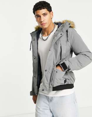   Asos Короткая парка серого цвета с искусственным мехом на капюшоне Jack & Jones Originals-Серый