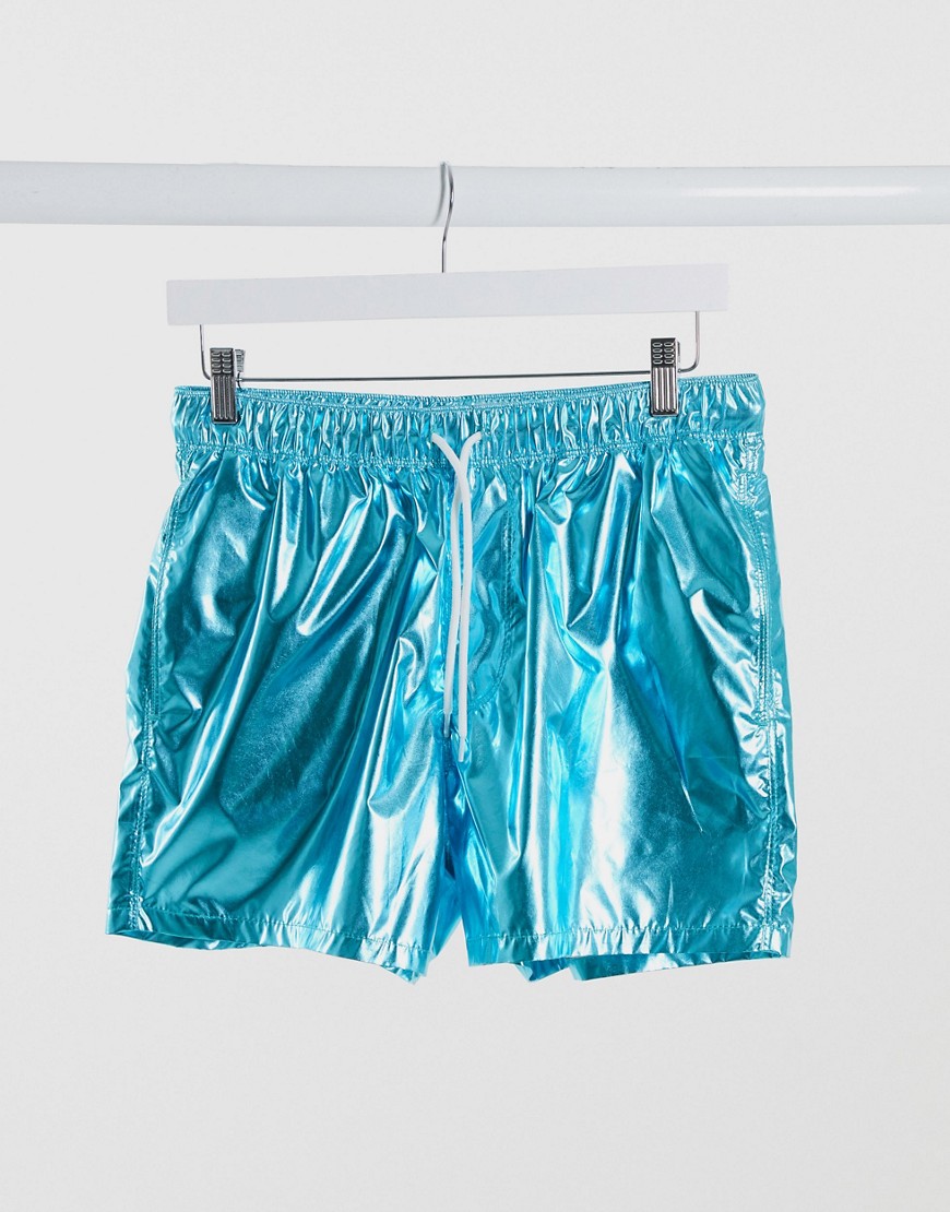 фото Короткие шорты для плавания с эффектом металлик asos design-голубой