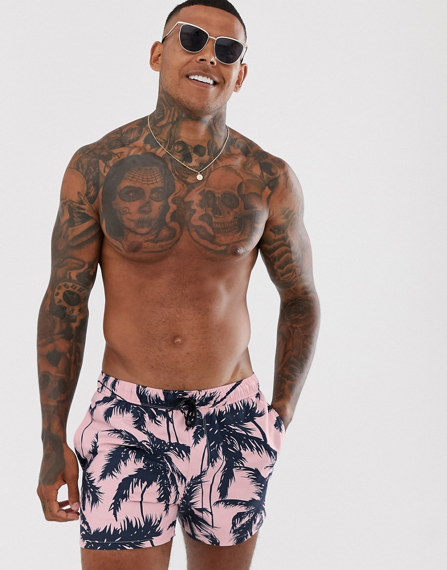 фото Короткие шорты для плавания с пальмовым принтом asos design-розовый