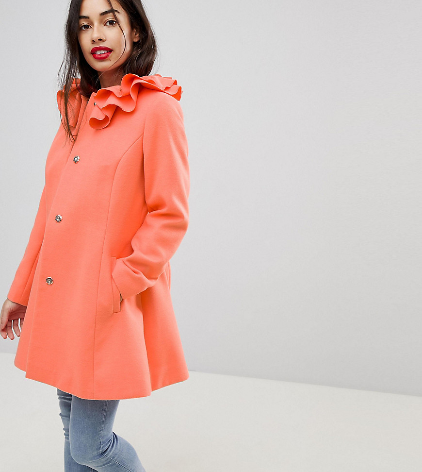 фото Короткое приталенное пальто с воротником-оборкой asos petite-розовый
