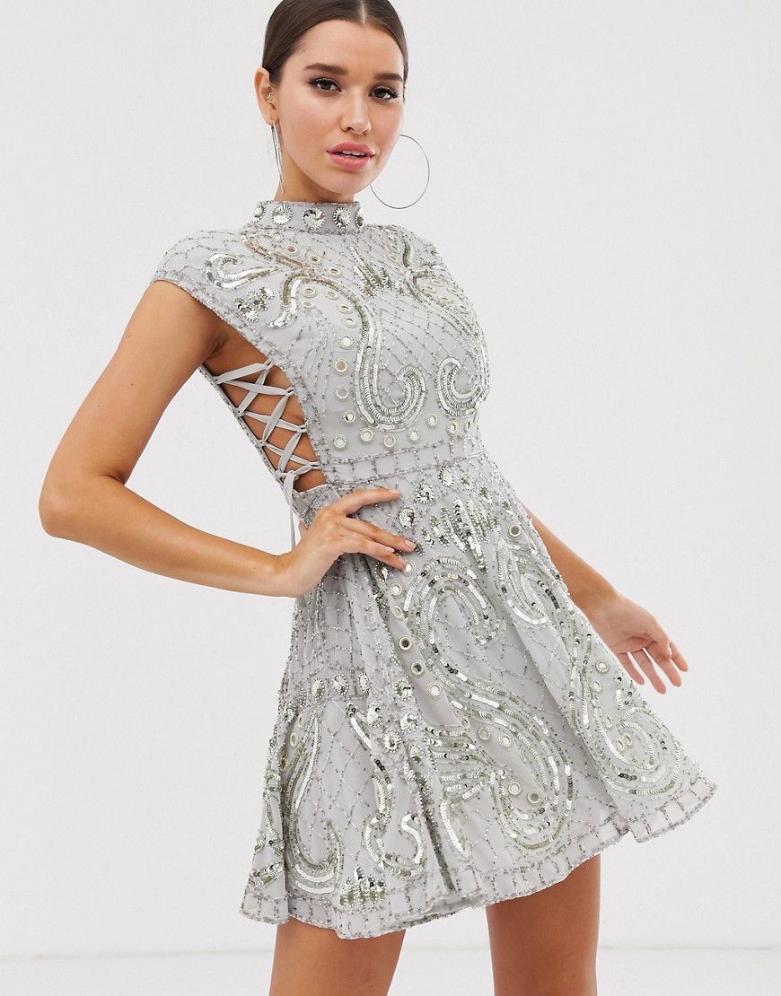 Короткое приталенное платье с вырезами и шнуровкой по бокам ASOS DESIGN-Серый