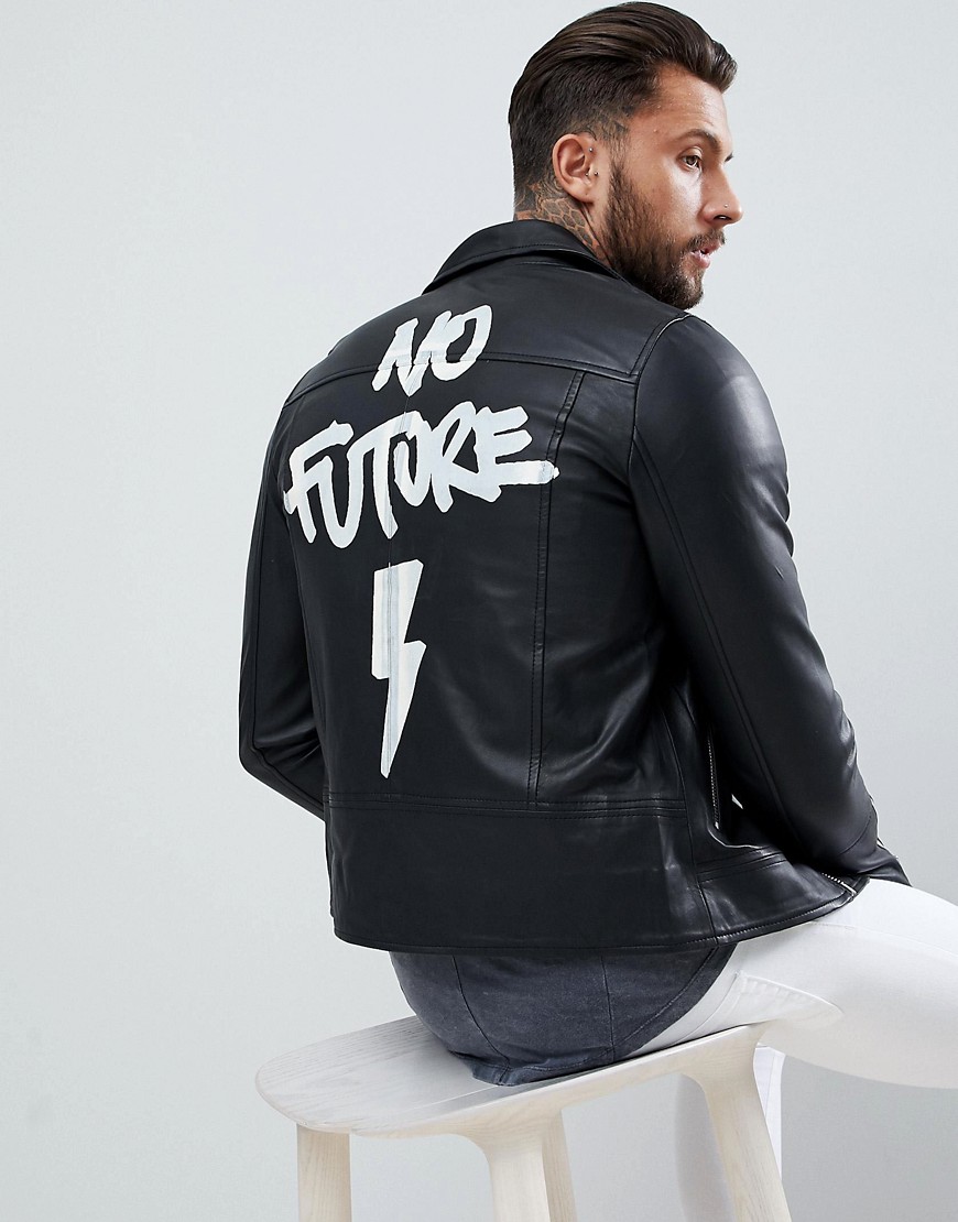 фото Кожаная байкерская куртка с принтом "no future" religion-черный