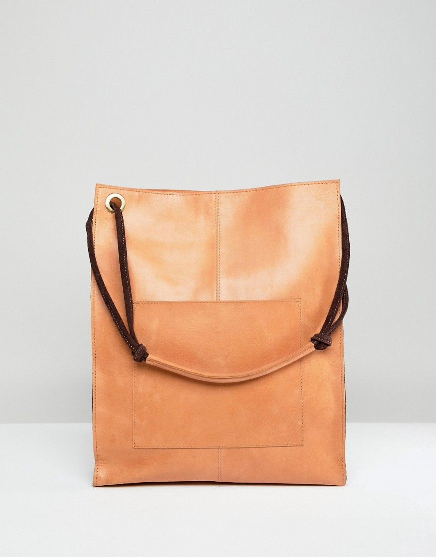 фото Кожаная сумка-шоппер в винтажном стиле с передним карманом asos design-светло-коричневый