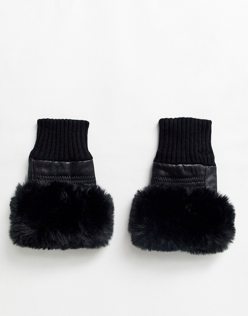 фото Кожаные перчатки без пальцев с искусственным мехом jayley-черный