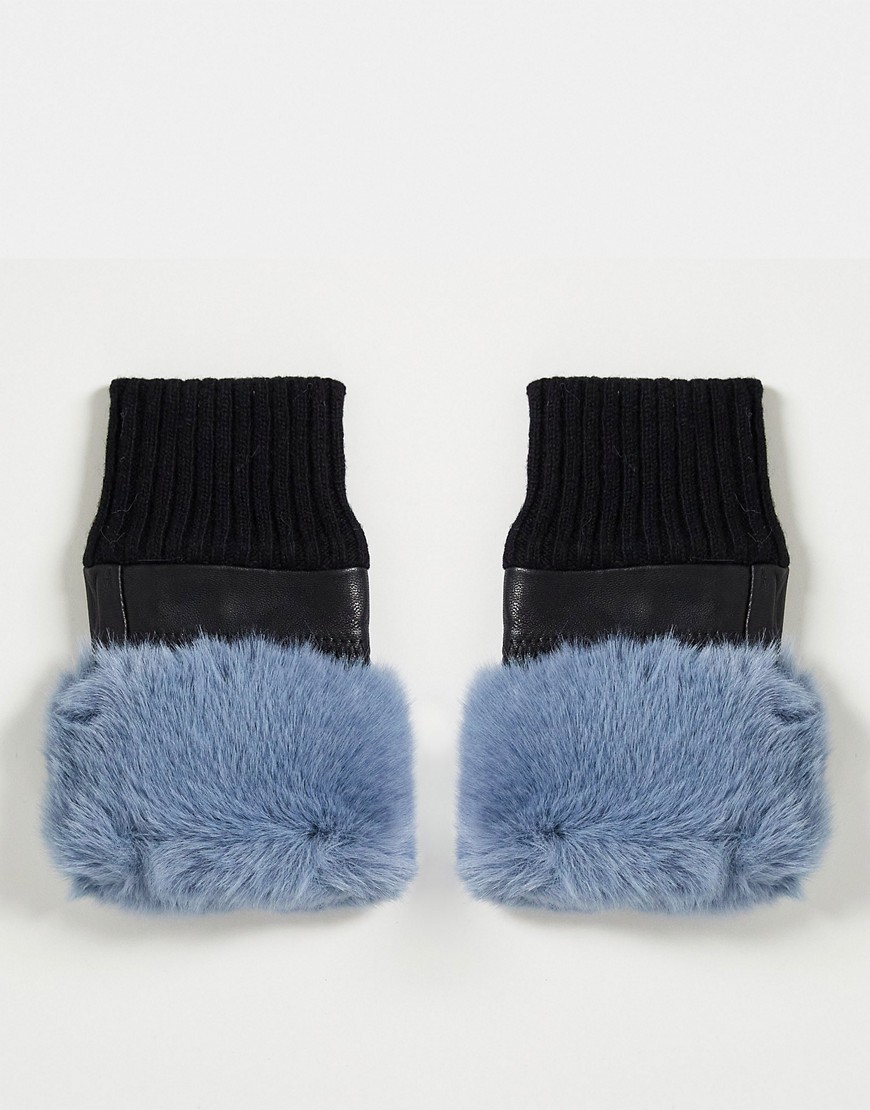 фото Кожаные перчатки без пальцев с отделкой из искусственного меха синего цвета jayley-голубой
