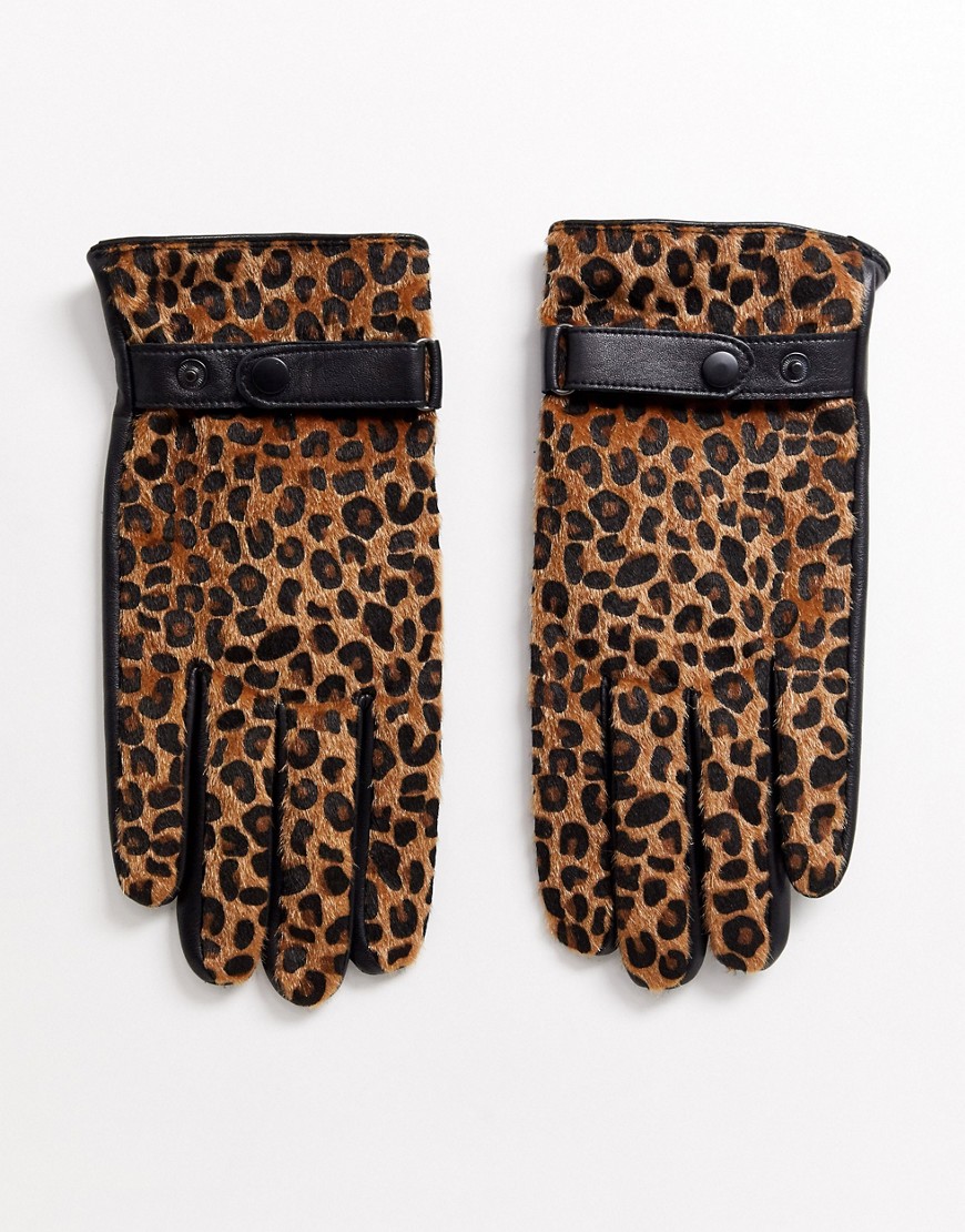 фото Кожаные перчатки для сенсорных экранов с леопардовым принтом asos design-черный