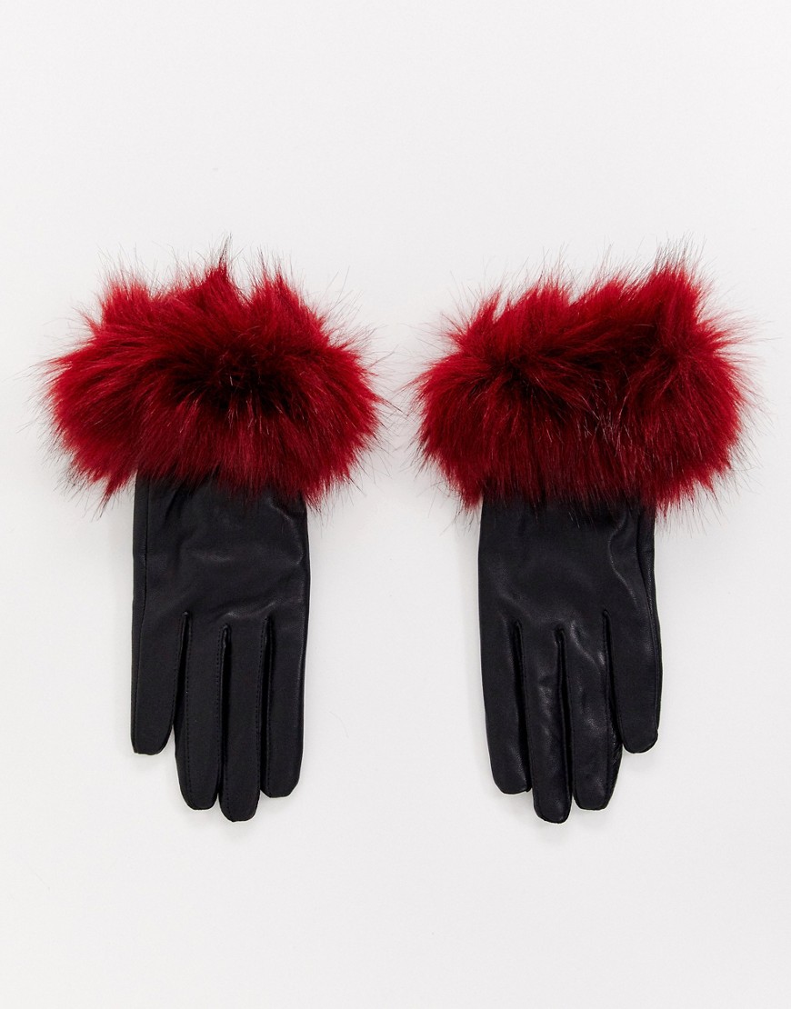 фото Кожаные перчатки с манжетами из искусственного меха jayley-черный