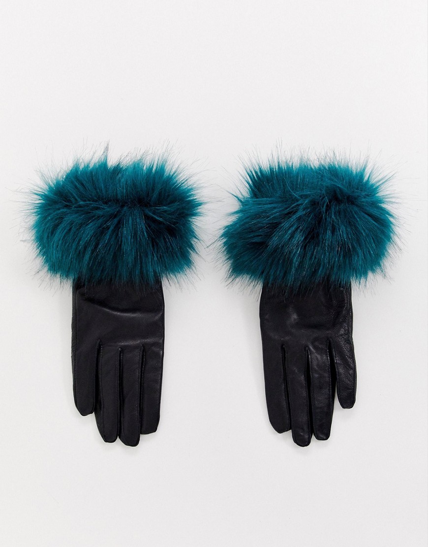 фото Кожаные перчатки с манжетами из искусственного меха jayley-черный