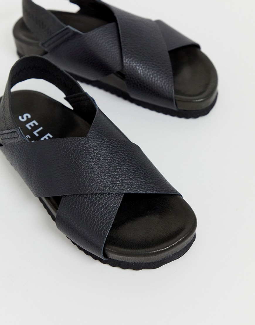 фото Кожаные сандалии на толстой подошве с перекрещенными ремешками selected femme-черный