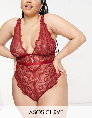 фото Красное кружевное боди asos design curve rosie-красный asos curve