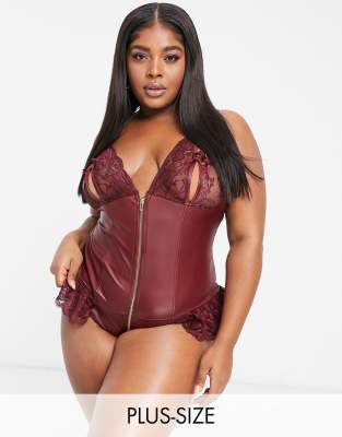 фото Красное кружевное боди на молнии спереди с мокрым эффектом ann summers curve tasha-красный