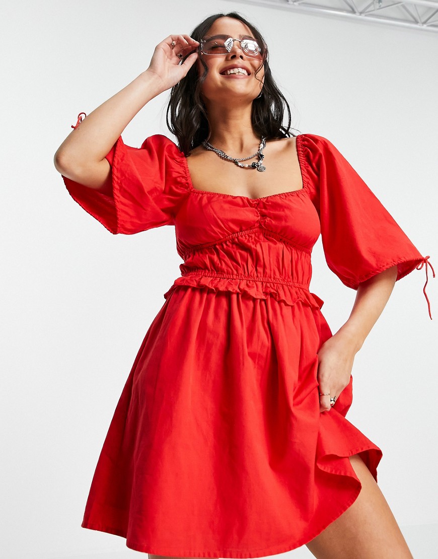 фото Красное льняное платье мини bershka-красный